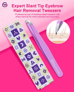 Close-up view of GlamTweeler slant tip tweezers