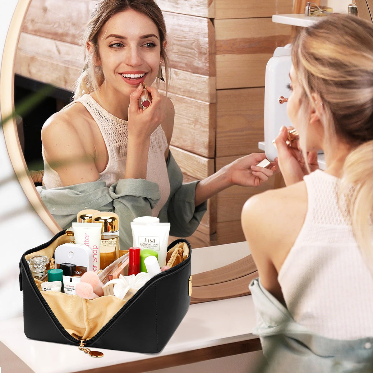 CLOUDWINGS Initial Makeup Bag Set lifestyle scene on vanity