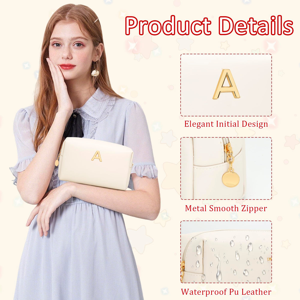 CLOUDWINGS Initial Makeup Bag side view with gold hardware