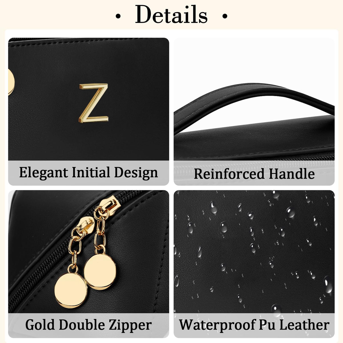 CLOUDWINGS Initial Makeup Bag side view with gold-toned hardware