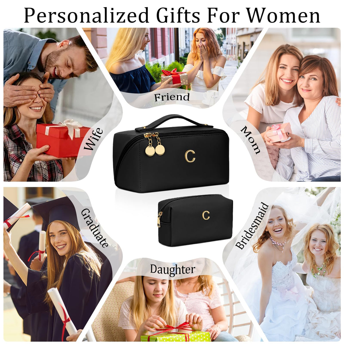 CLOUDWINGS Initial Makeup Bag wide-open view displaying cosmetics