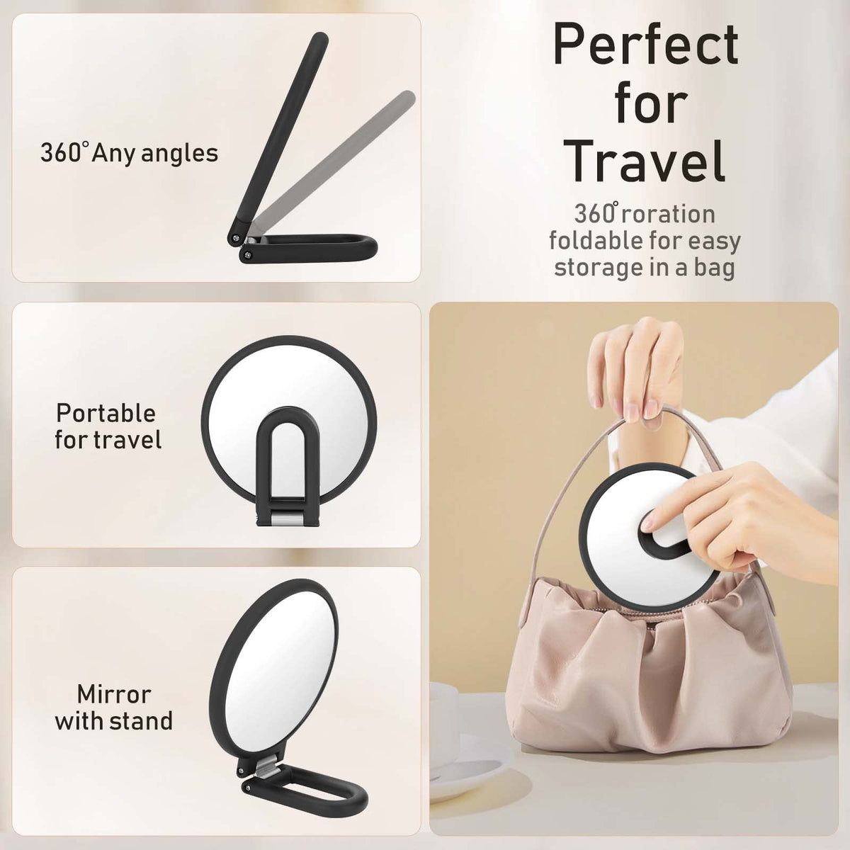 CLSEVXY Double-Sided Handheld Mirror in black with rounded shape