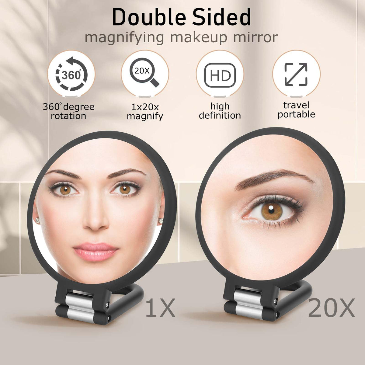 CLSEVXY Double-Sided Handheld Mirror showing 20X magnification detail