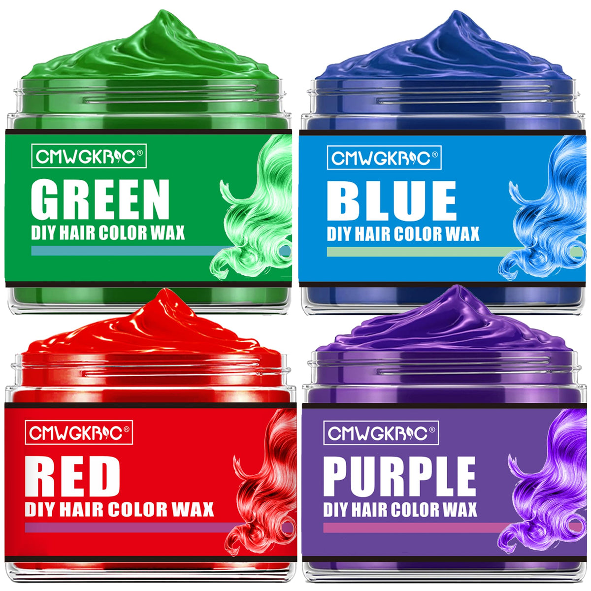 CMWGKBC Temporary Hair Colour Wax set with four colours: green, purple, blue, red
