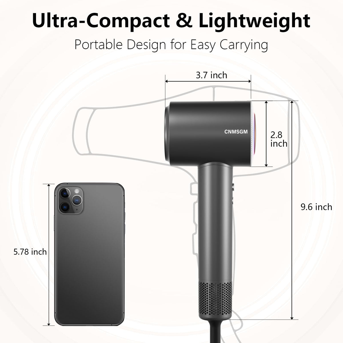 CNMSGM hair dryer packaging with product details