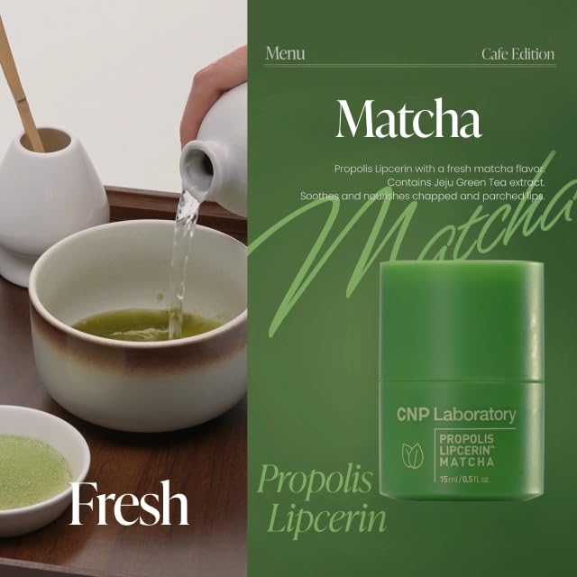 CNP Propolis Café Lipcerin 07 Matcha with honey and matcha background