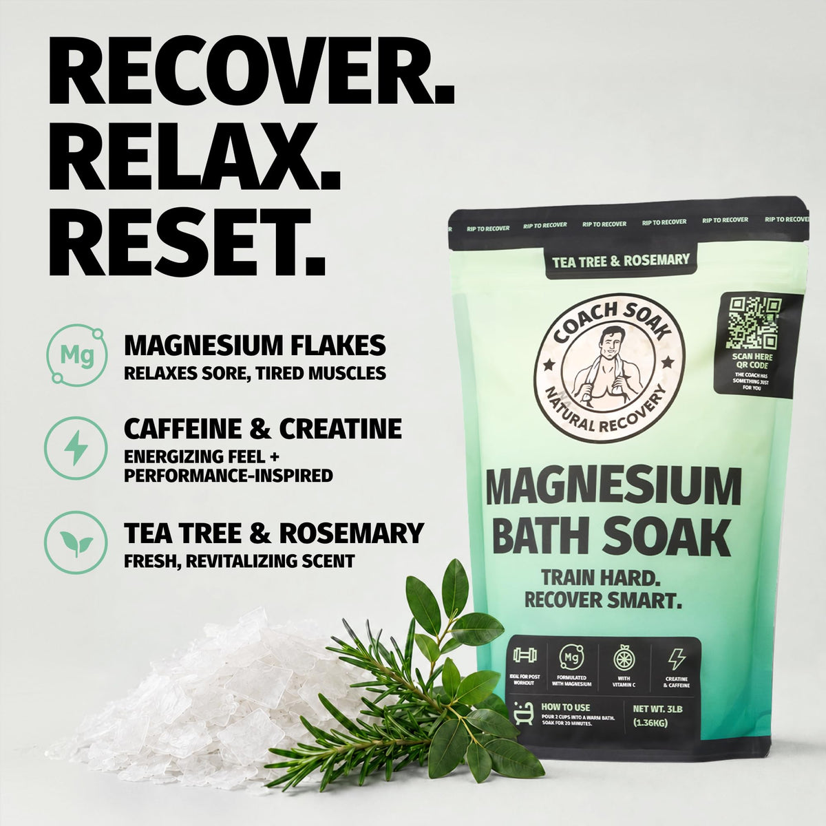 Coach Soak Magnesium Bath Soak displayed with a towel and candles