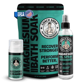 Coach Soak Magnesium Recovery Bundle including bath soak, oil spray, and lotion