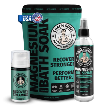 Coach Soak Magnesium Recovery Bundle including bath soak, oil spray, and lotion