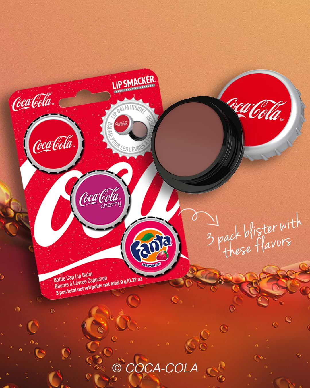 Coca-Cola lip balm trio displayed on a flat surface