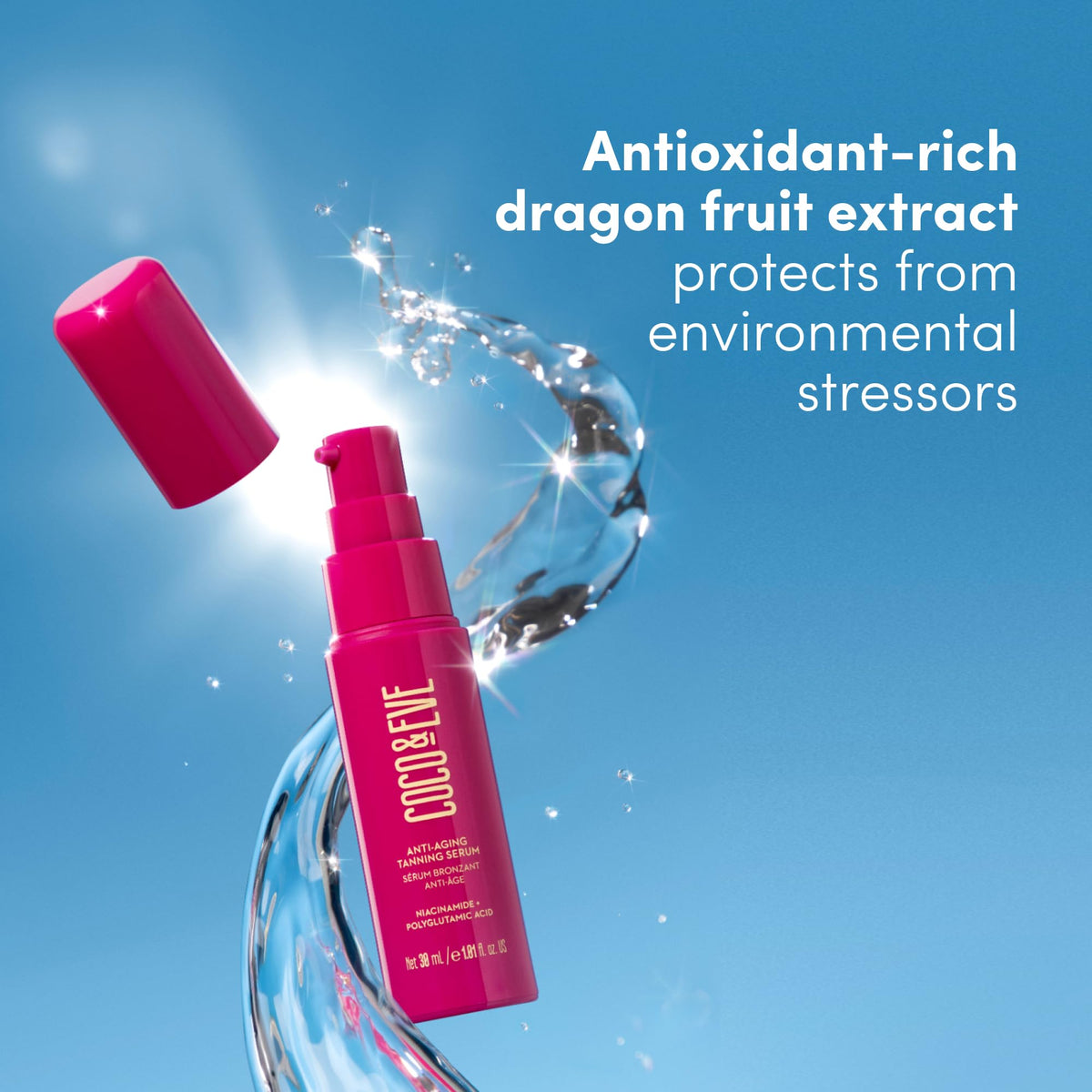 Coco & Eve Anti-Aging Tanning Serum packaging details