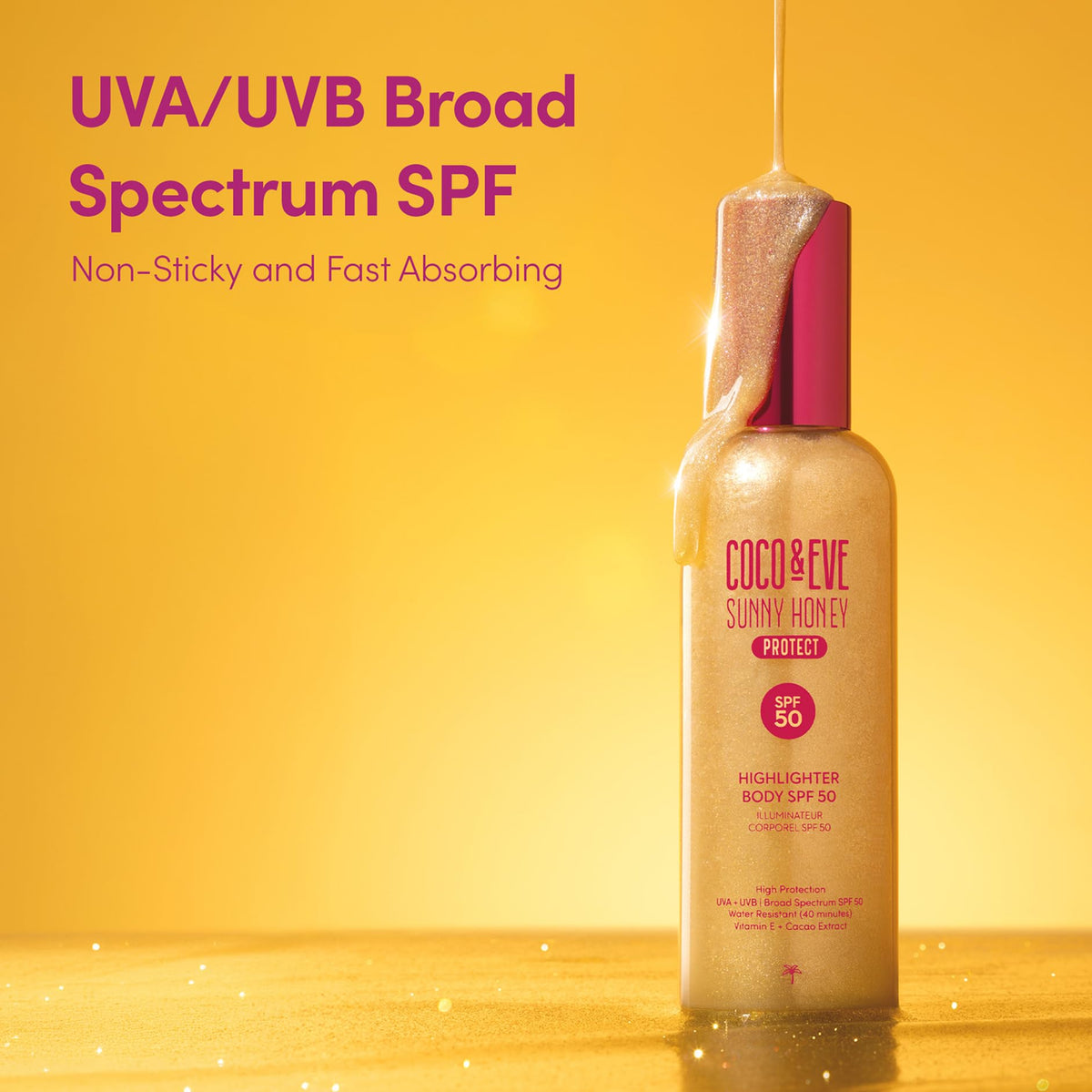 Coco & Eve Body Highlighter SPF 50 on a beach towel
