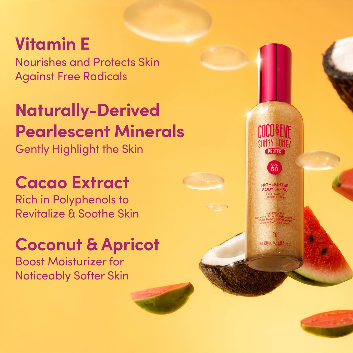 Coco & Eve Body Highlighter SPF 50 with sun protection label