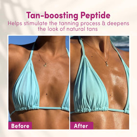 Coco & Eve Tan support Body Oil SPF45 on a beach towel