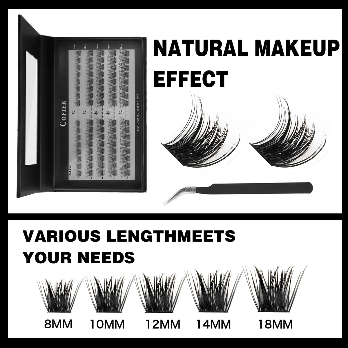 CoFier lash clusters showing mixed lengths of 10-18mm