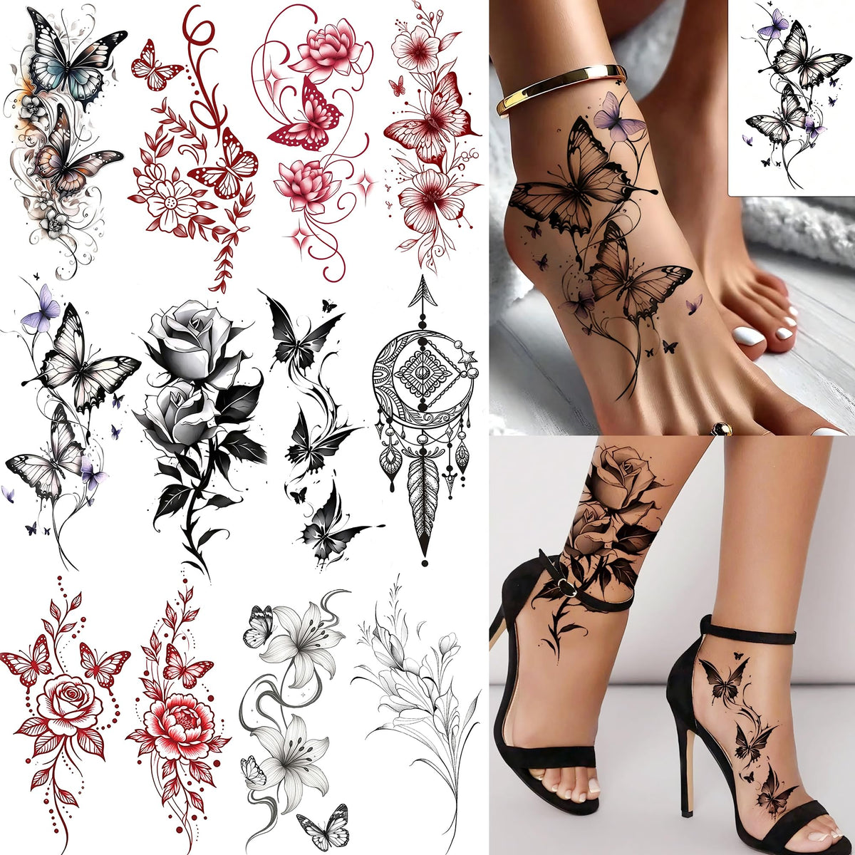 COKTAK 12 Sheets Temporary Tattoos featuring butterfly and floral designs