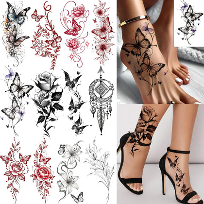 COKTAK 12 Sheets Temporary Tattoos featuring butterfly and floral designs