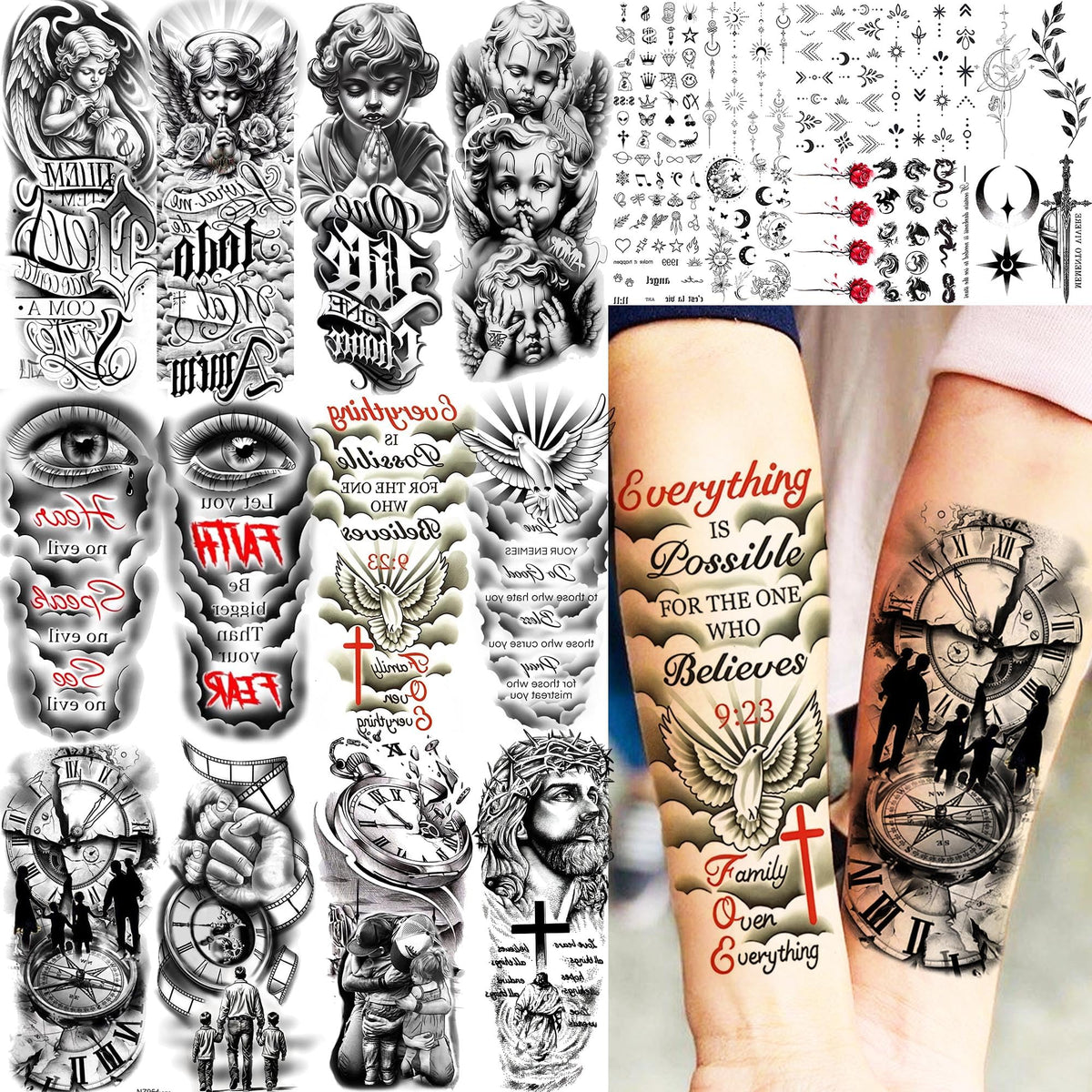 COKTAK 24 Sheets Temporary Tattoos Christian designs front view