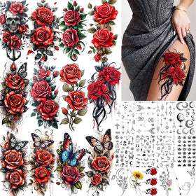 COKTAK 26 sheets of 3D red rose temporary tattoos front view