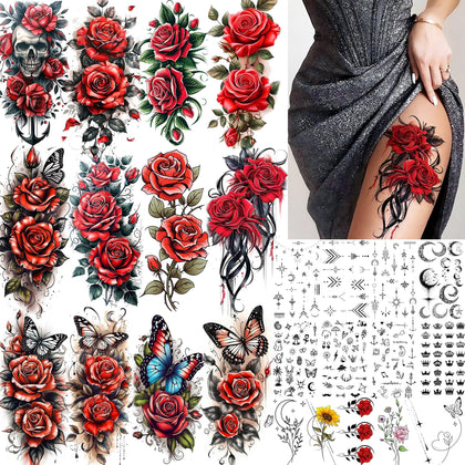 COKTAK 26 sheets of 3D red rose temporary tattoos front view