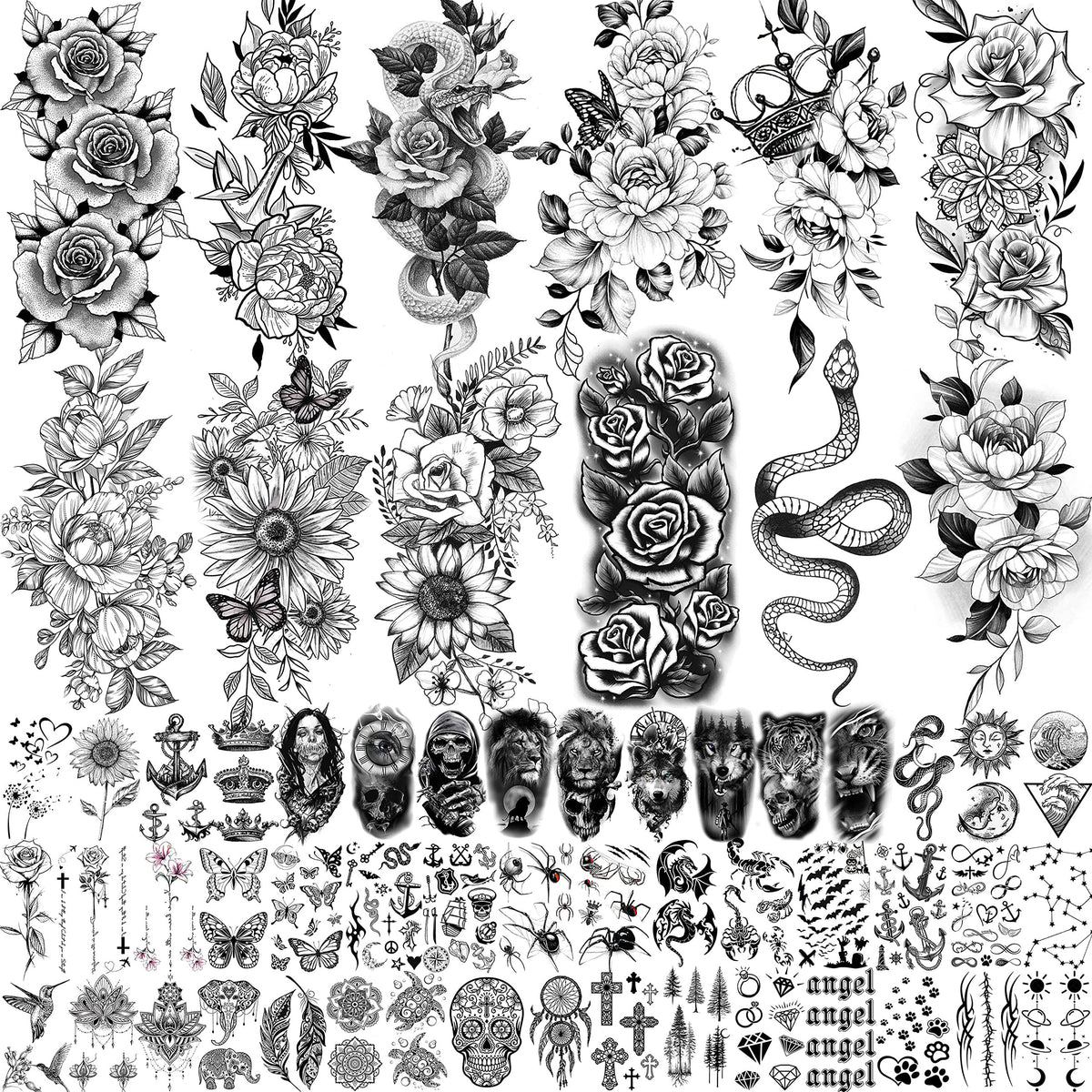 COKTAK 59 Sheets Temporary Tattoos variety pack with floral and animal designs
