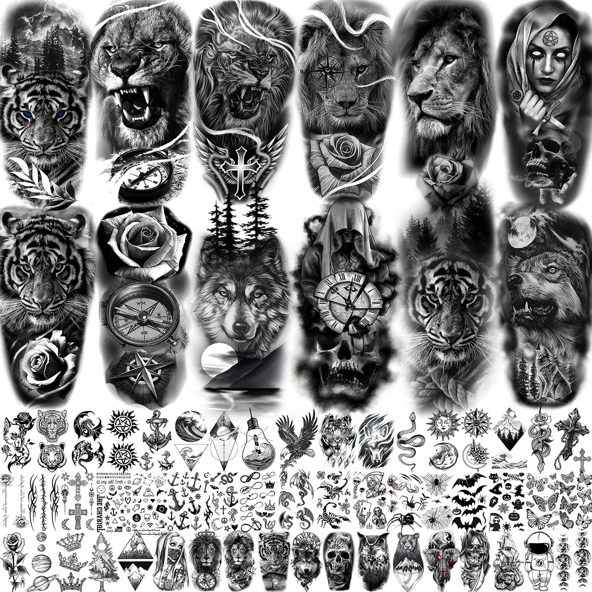 COKTAK 64 sheets of large black temporary tattoos featuring animal designs