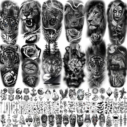 COKTAK 64 sheets of large black temporary tattoos featuring animal designs