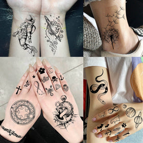 COKTAK temporary tattoos displayed on a table with application tools