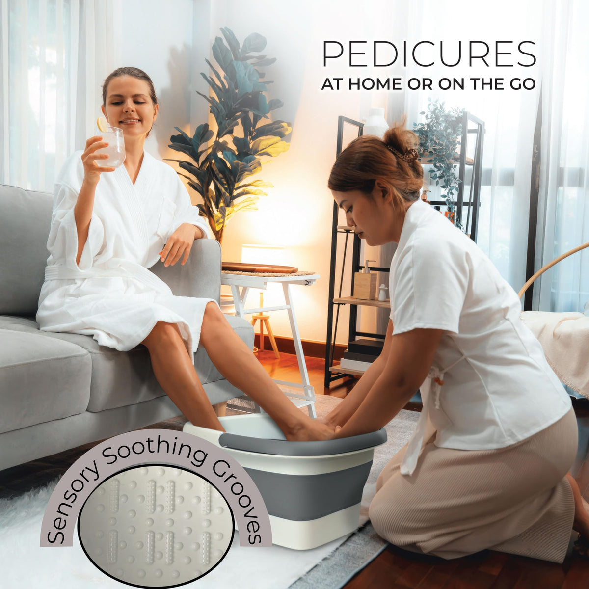 Collapsible foot soaking tub folded for storage