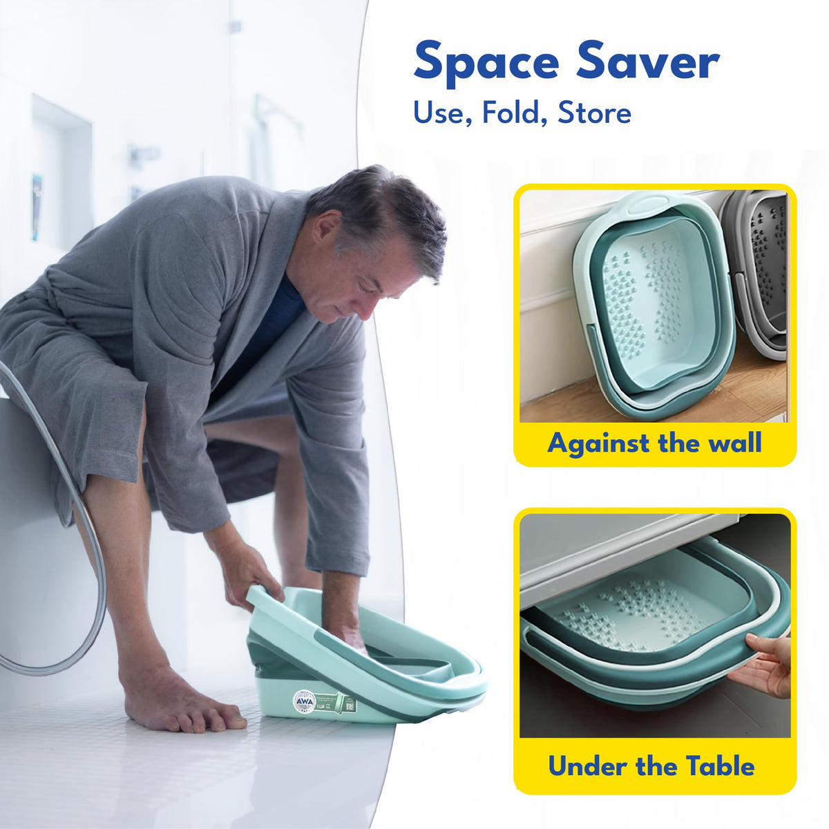 Collapsible foot soaking tub in a bathroom setting
