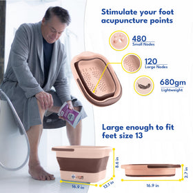 Collapsible foot soaking tub used outdoors on the beach