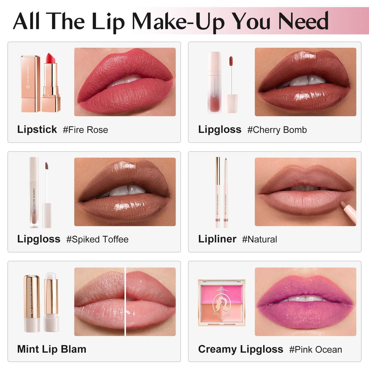 Color Nymph lip gloss and lipstick included in the kit
