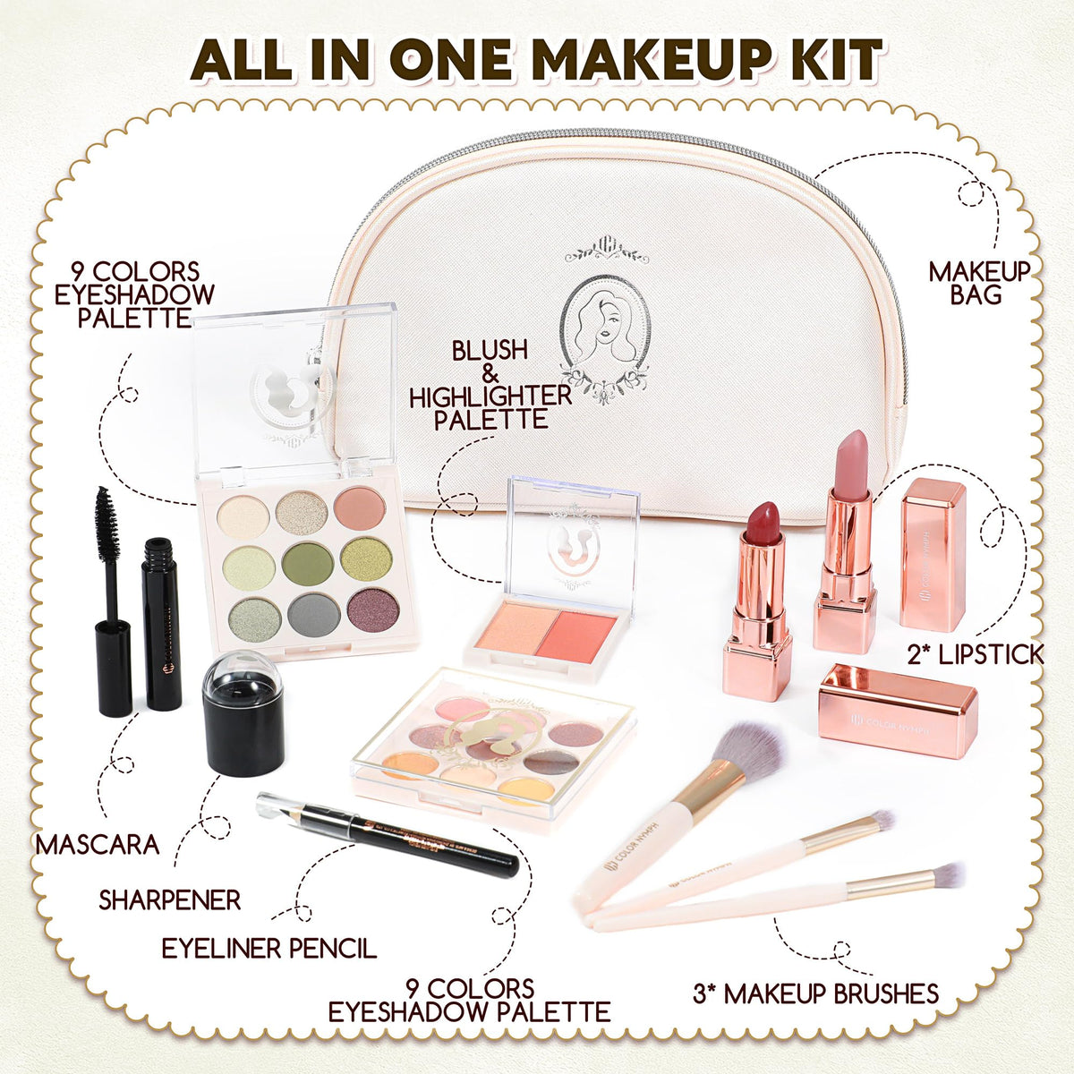Color Nymph Makeup Kit contents including blush, highlighter, lipstick, and brushes