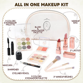 Color Nymph Makeup Kit contents including blush, highlighter, lipstick, and brushes