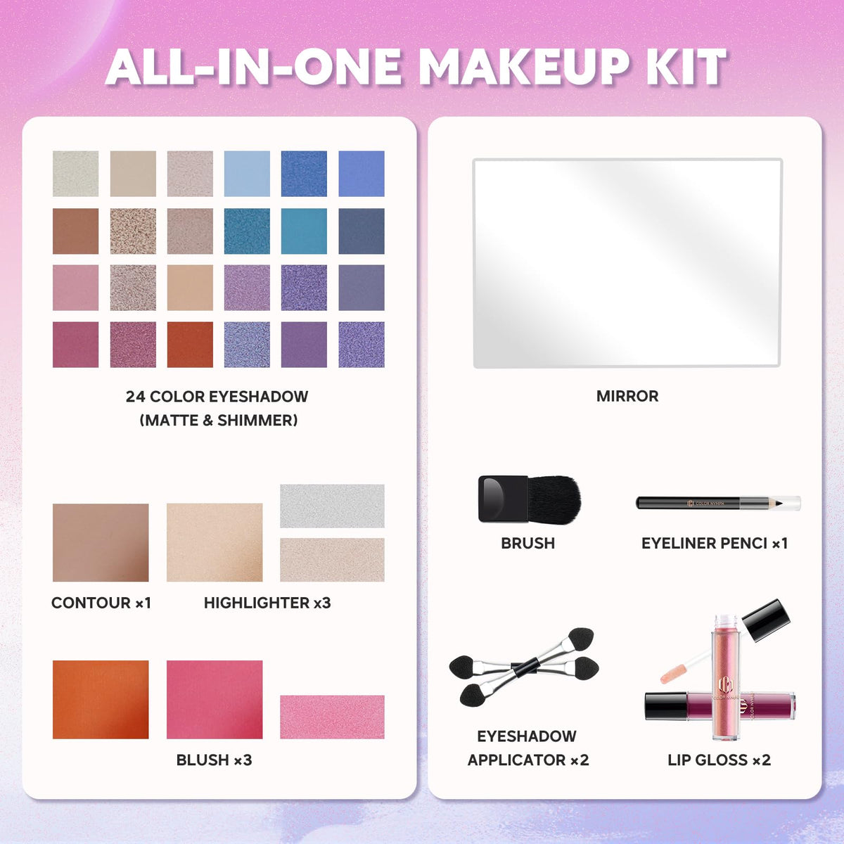 Color Nymph Makeup Kit open showing 24 eyeshadow shades and tools