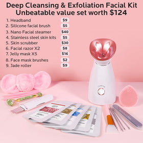 Colorfarm Facial Steamer kit with 17 tools laid out