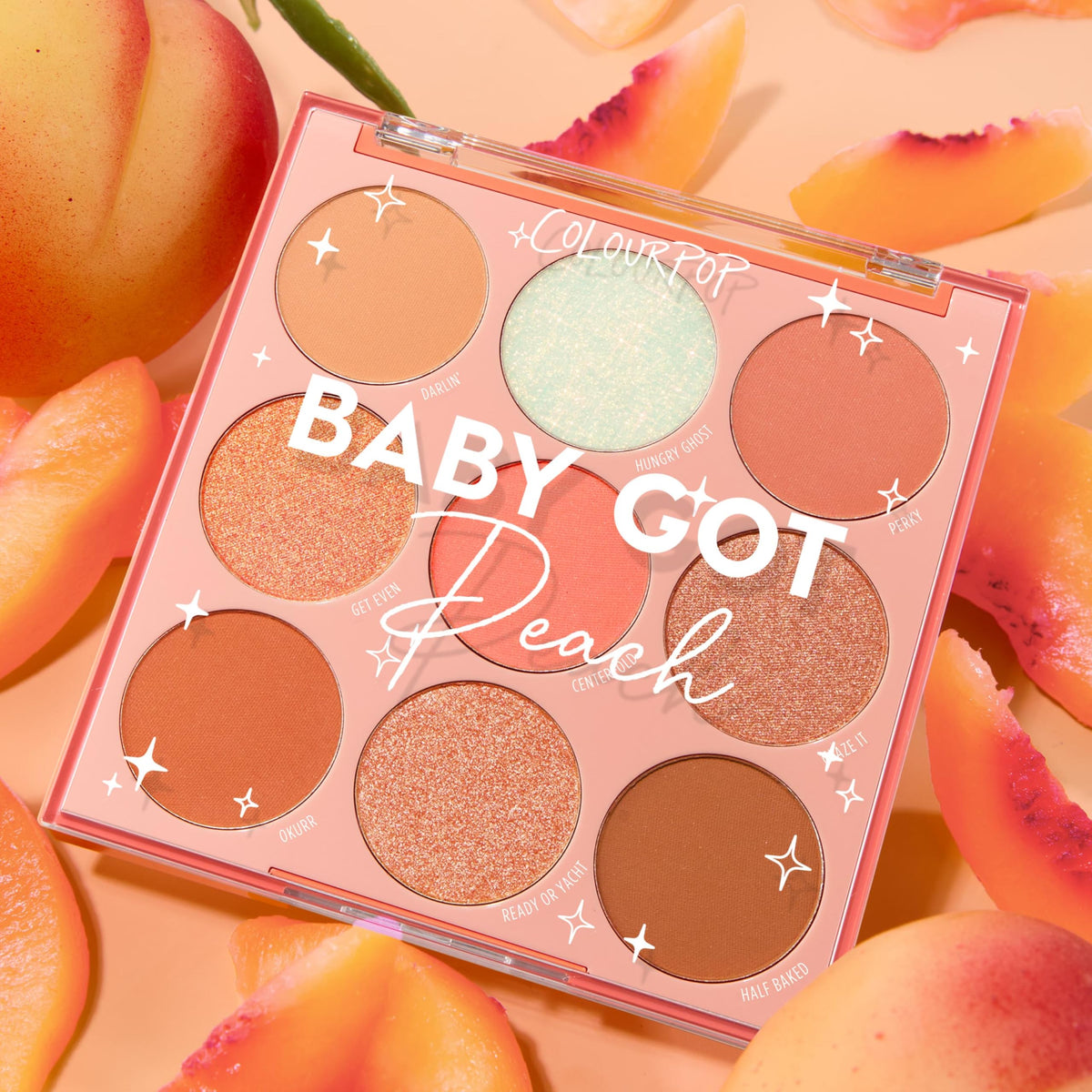ColourPop Baby Got Peach Eyeshadow Palette displayed with brushes