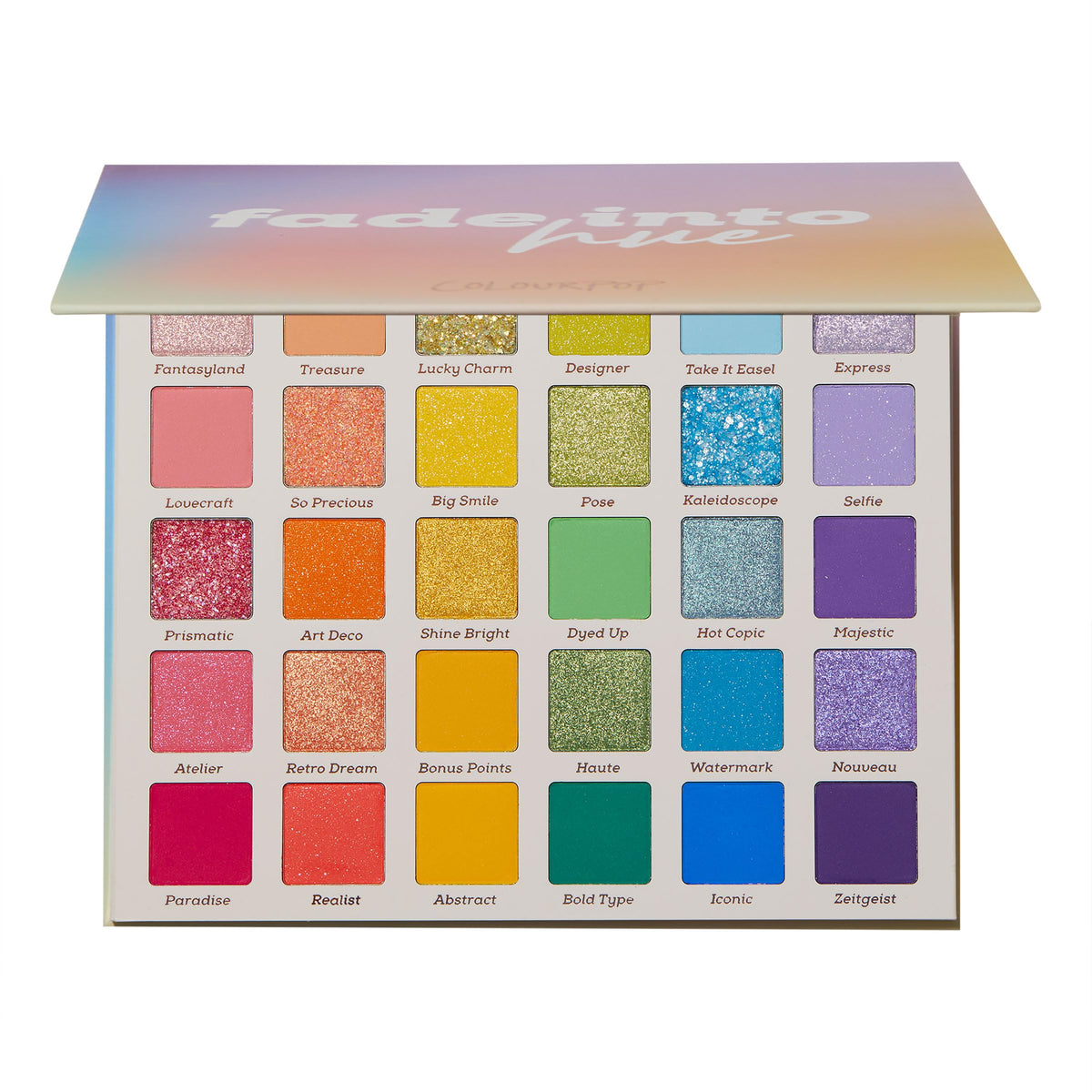 ColourPop Fade Into Hue Eyeshadow Palette front view with vibrant colours