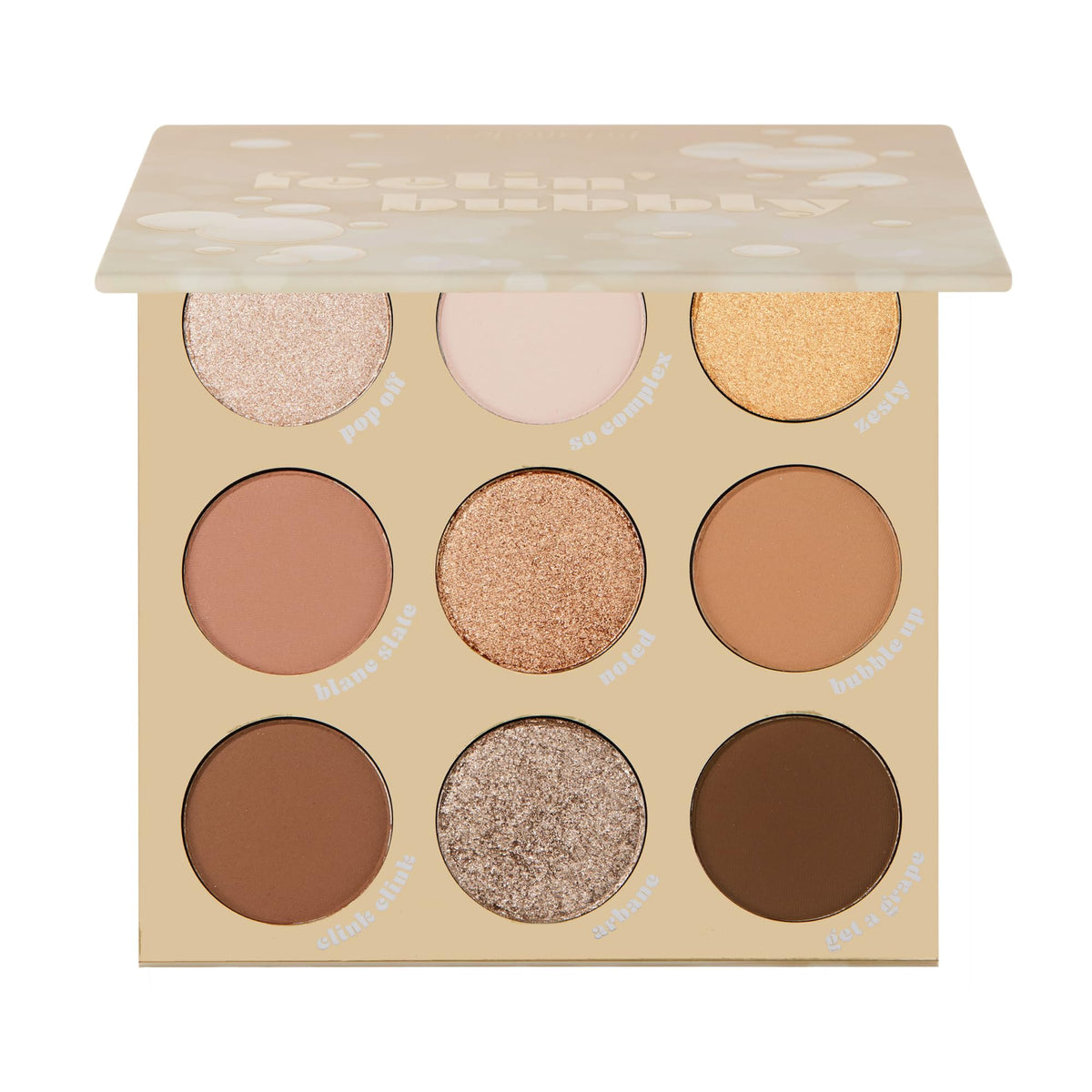 ColourPop Feelin' Bubbly Eyeshadow Palette front view with brown and gold shades