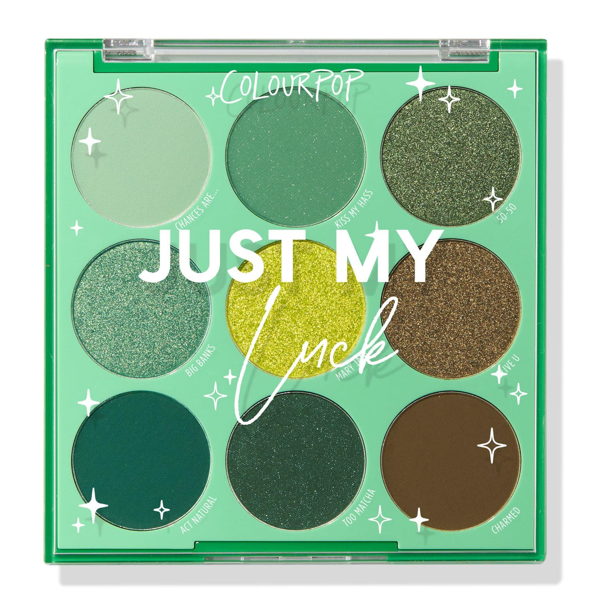 ColourPop Just My Luck Green Eyeshadow Palette front view with 9 shades