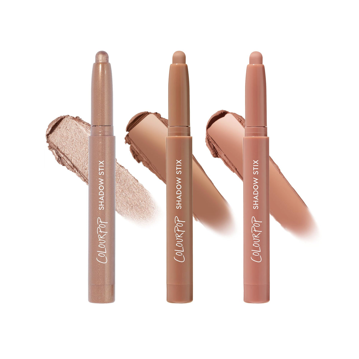 ColourPop Nude Attitude Shadow Stix Makeup Kit front view with three cream eyeshadow sticks
