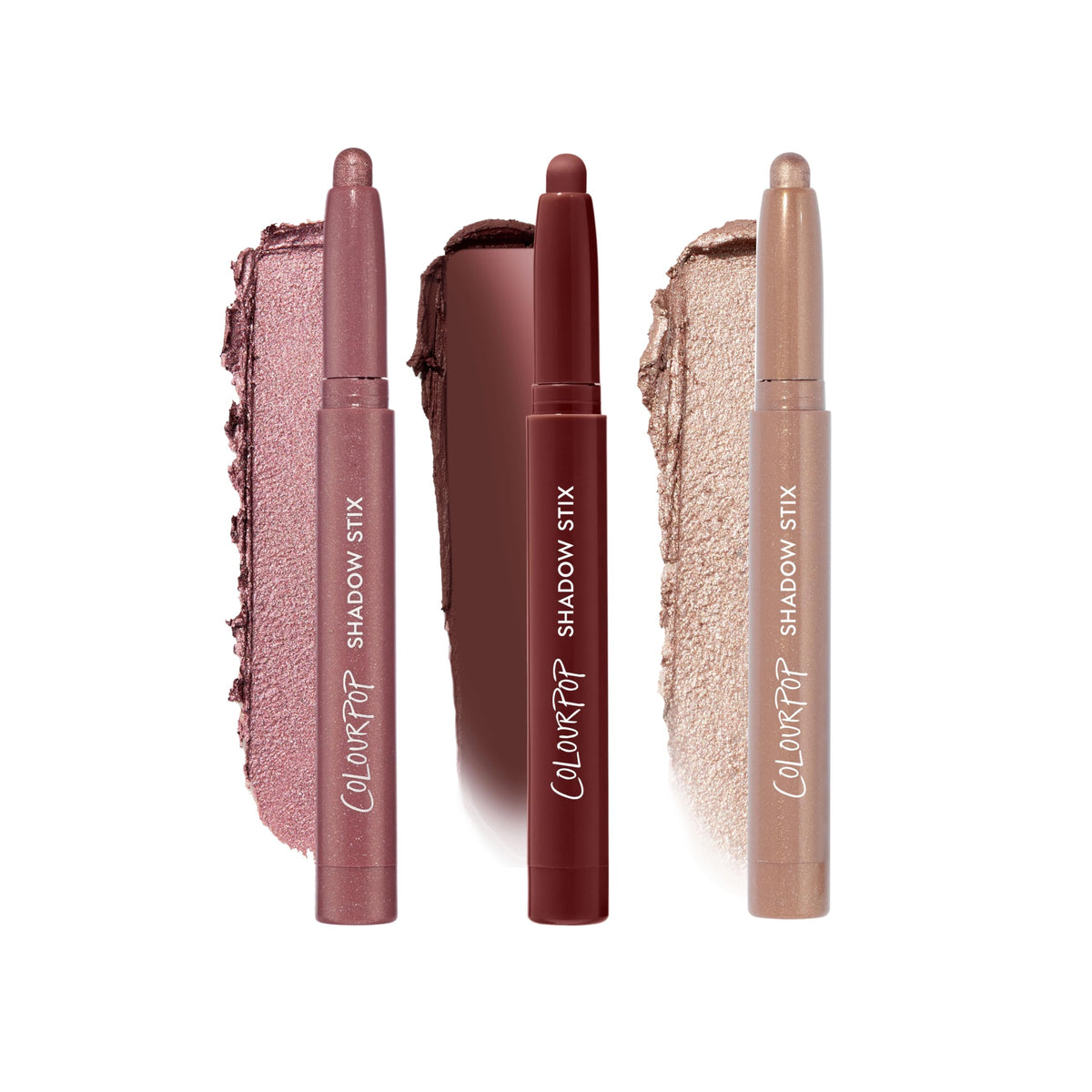 ColourPop Rose Goals Shadow Stix Makeup Kit front view with three cream eyeshadow sticks