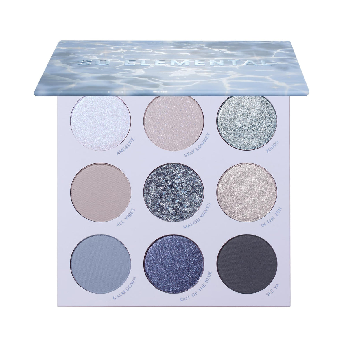 ColourPop So Elemental Eyeshadow Palette front view showing blue and silver shades
