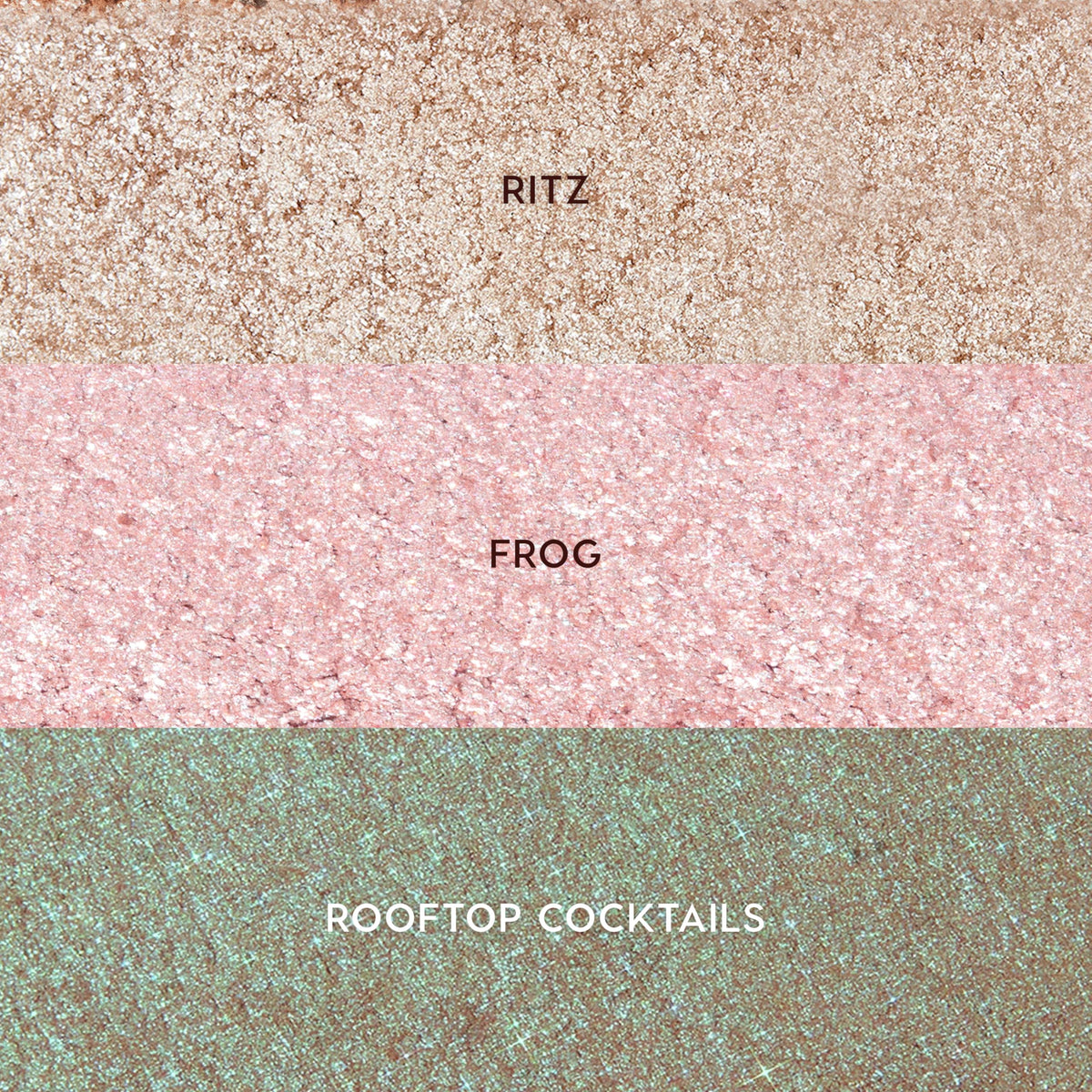 ColourPop Sparkling Hits Super Shock Shadow Trio swatches of Ritz, Frog, and Rooftop Cocktails