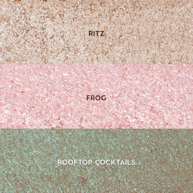 ColourPop Sparkling Hits Super Shock Shadow Trio swatches of Ritz, Frog, and Rooftop Cocktails