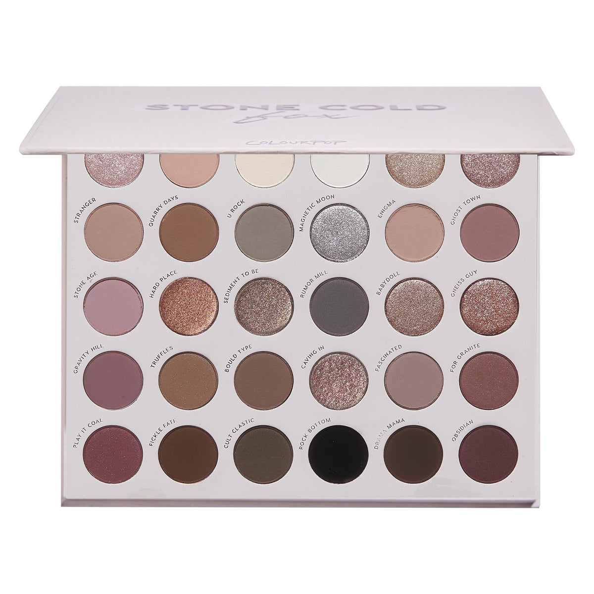 ColourPop Stone Cold Fox Eyeshadow Palette front view with 30 cool-toned shades