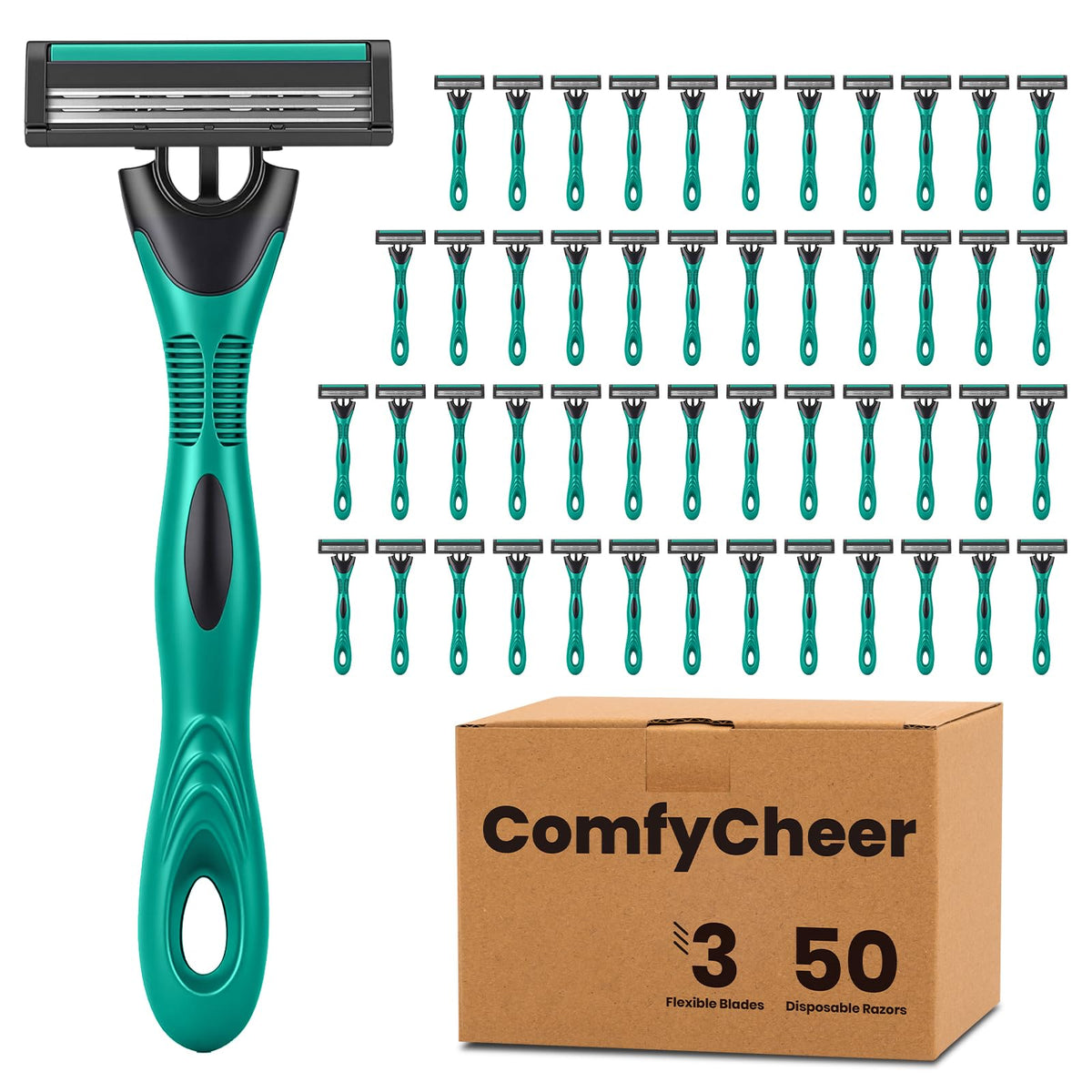 Comfycheer 50 count disposable razors front view with three blades