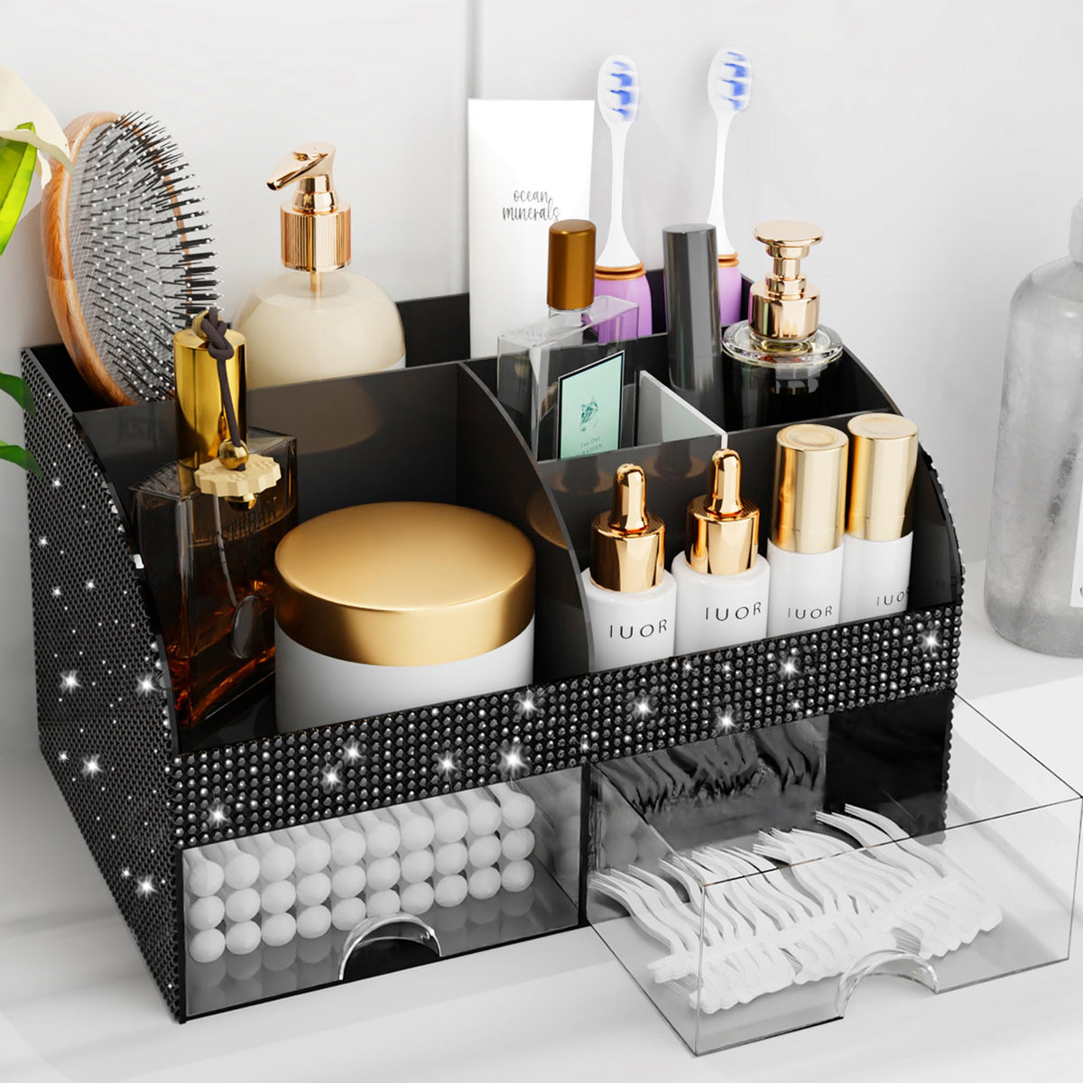 COMFYROOM Bling Makeup Organizer front view with transparent drawers