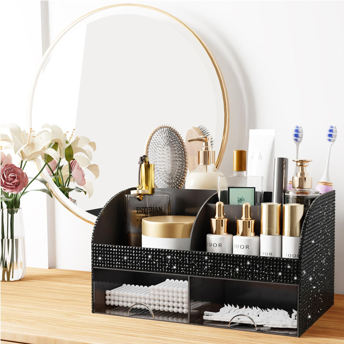 COMFYROOM Bling Makeup Organizer on a bathroom countertop