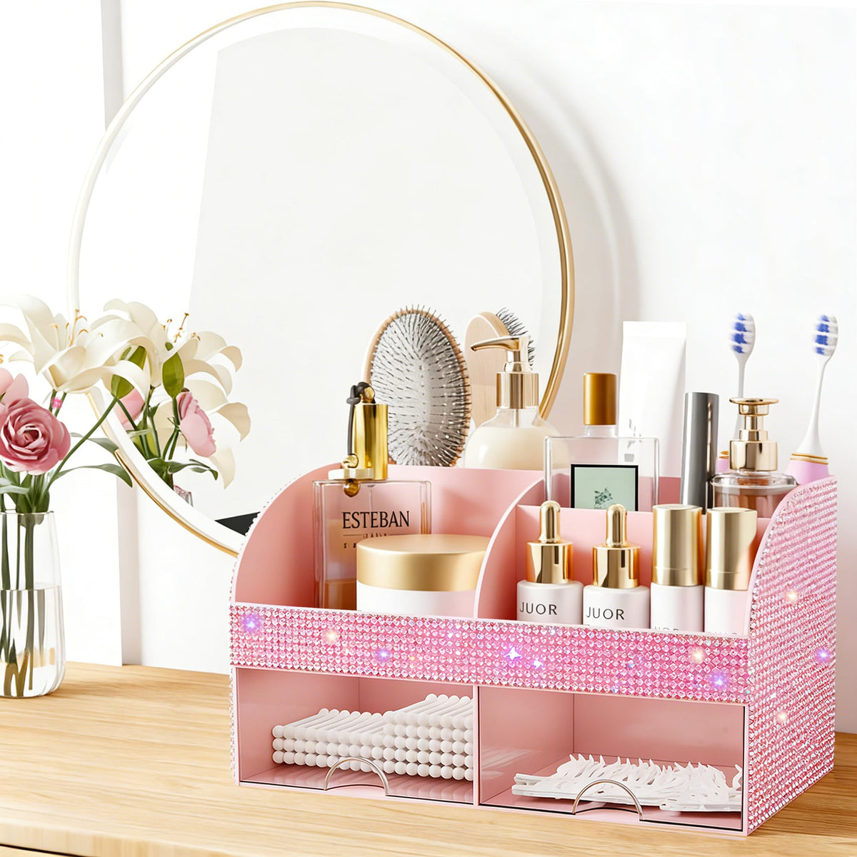 COMFYROOM Bling Makeup Organizer side view showcasing multiple compartments